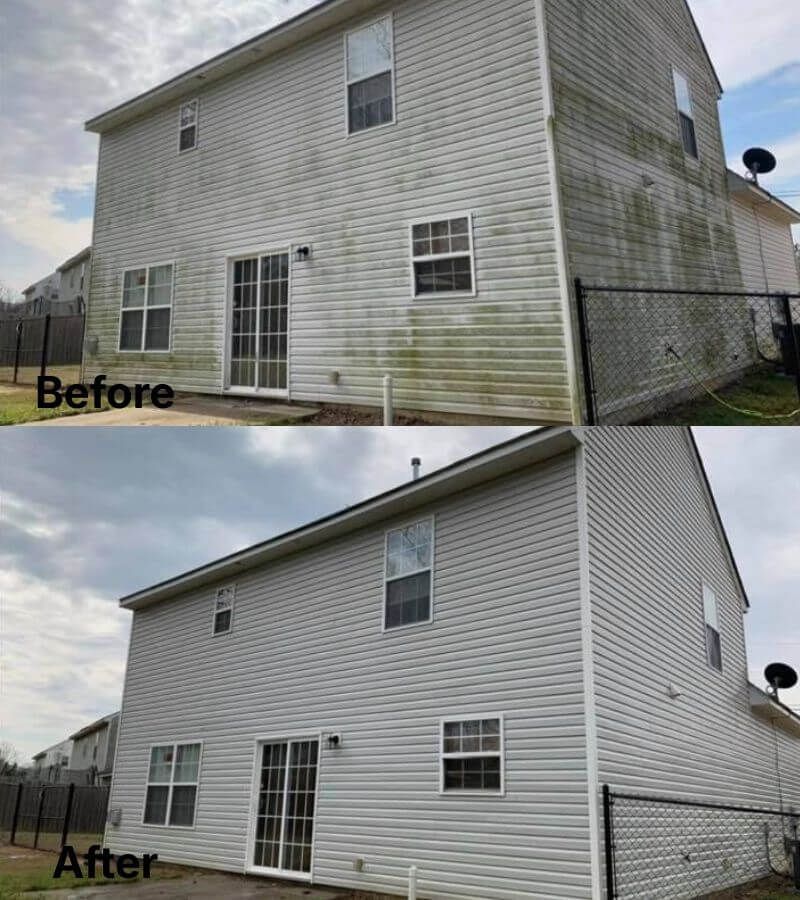 Before/after comparison of a two-story house with siding, showing the siding covered in green growth before being pressure washed.