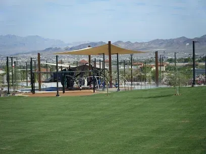 A playground in a park with mountains in the background