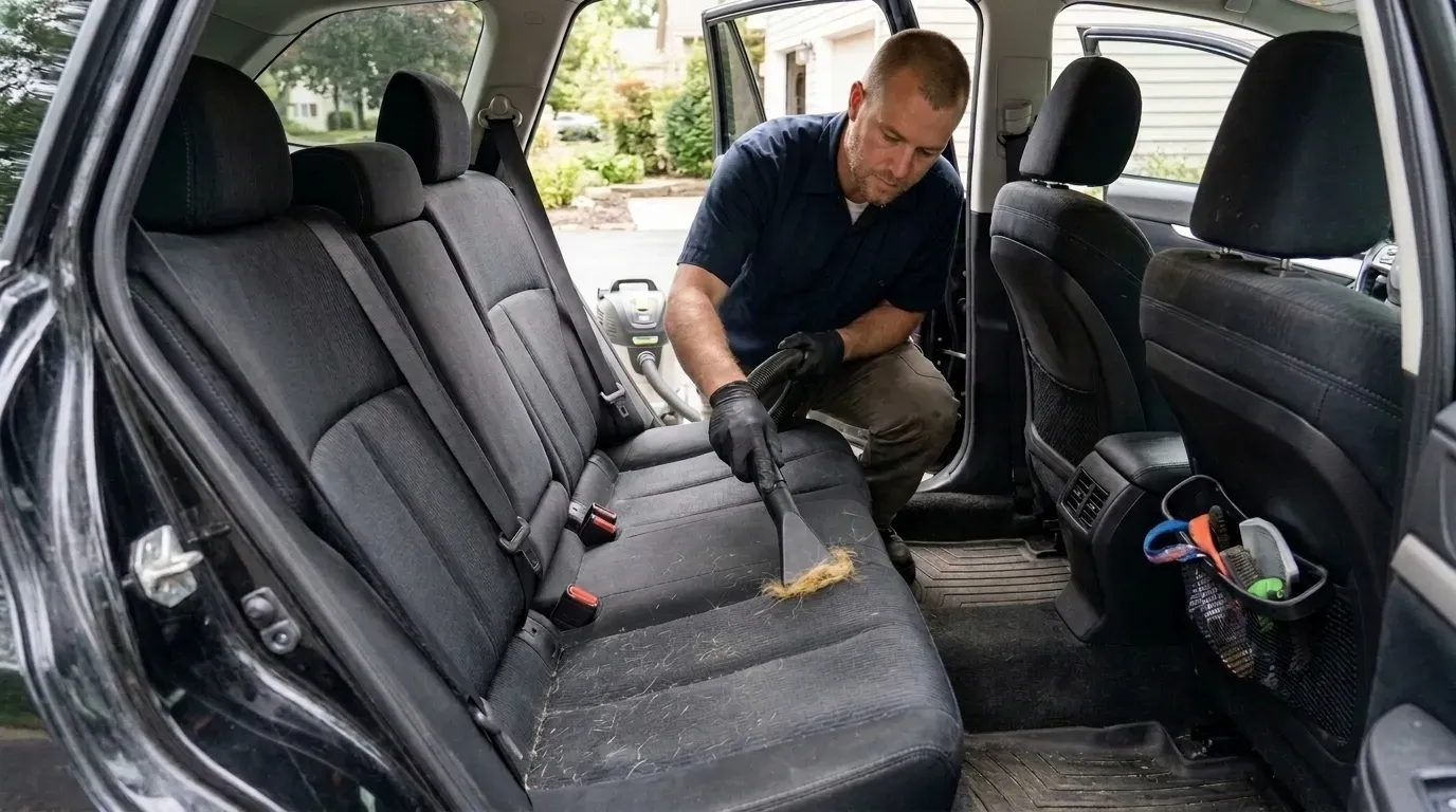 Man kneeling in a minivan, cleaning the rear floor and seats with a vacuum tool