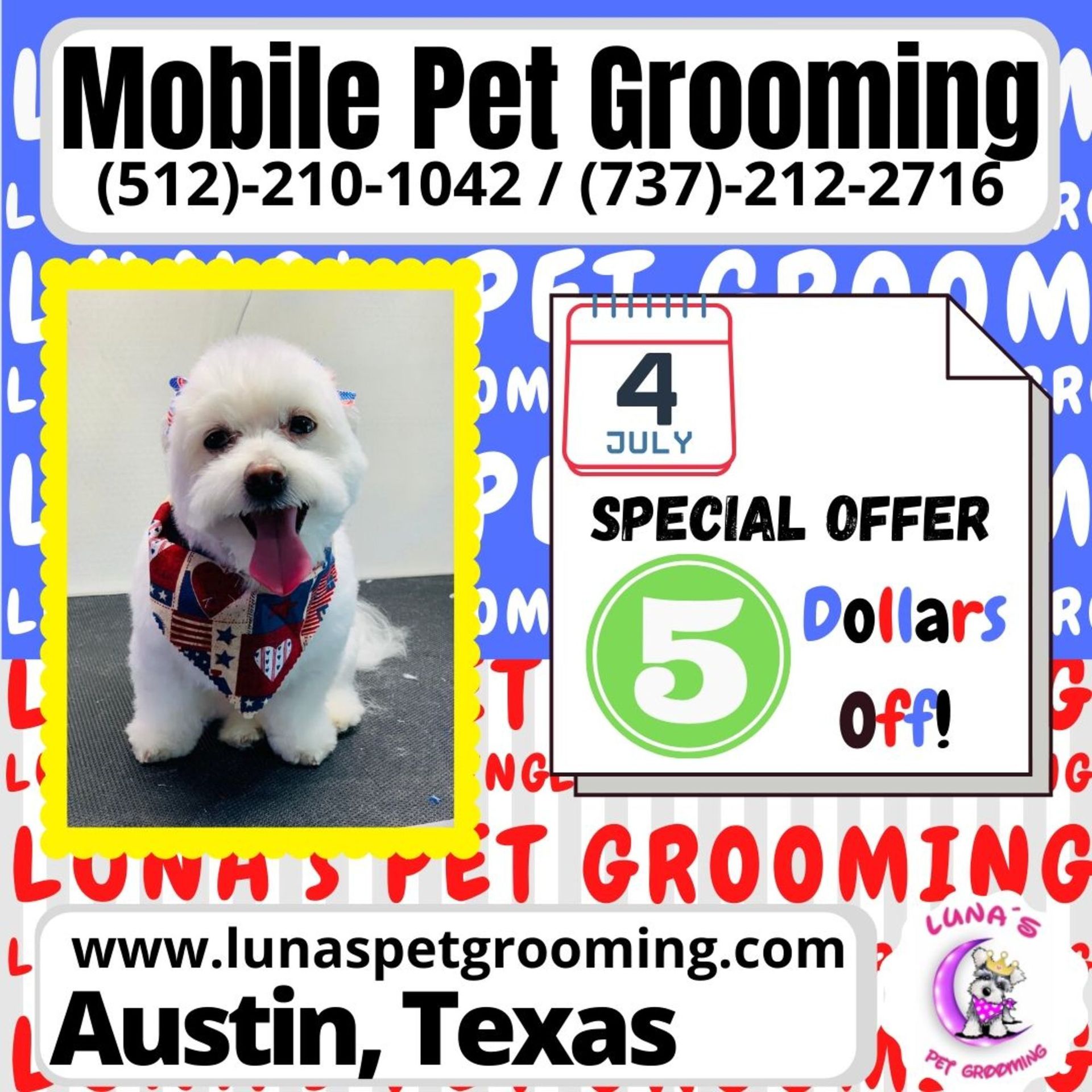 An advertisement for mobile pet grooming in austin texas