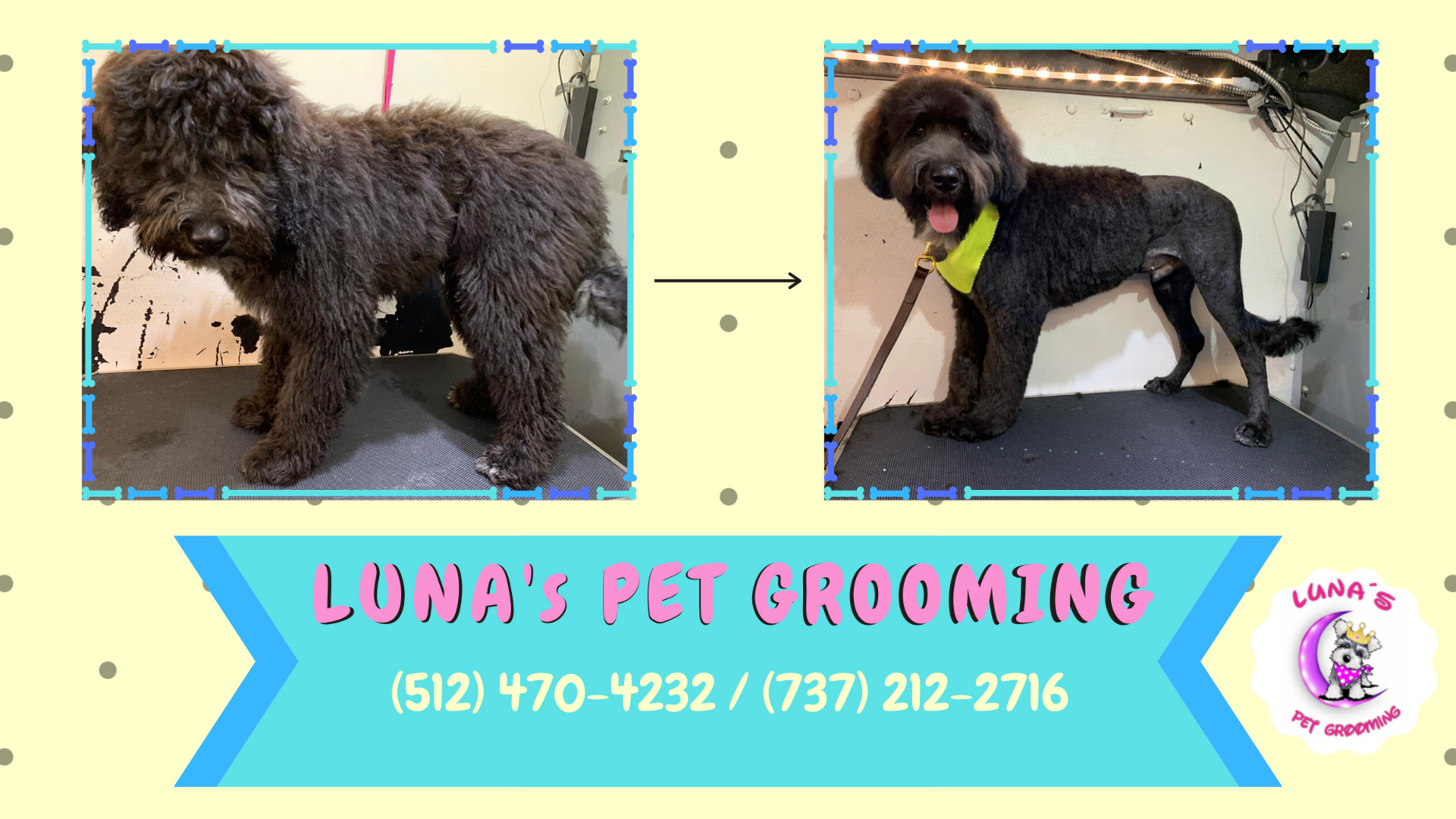 A before and after picture of a dog for luna 's pet grooming
