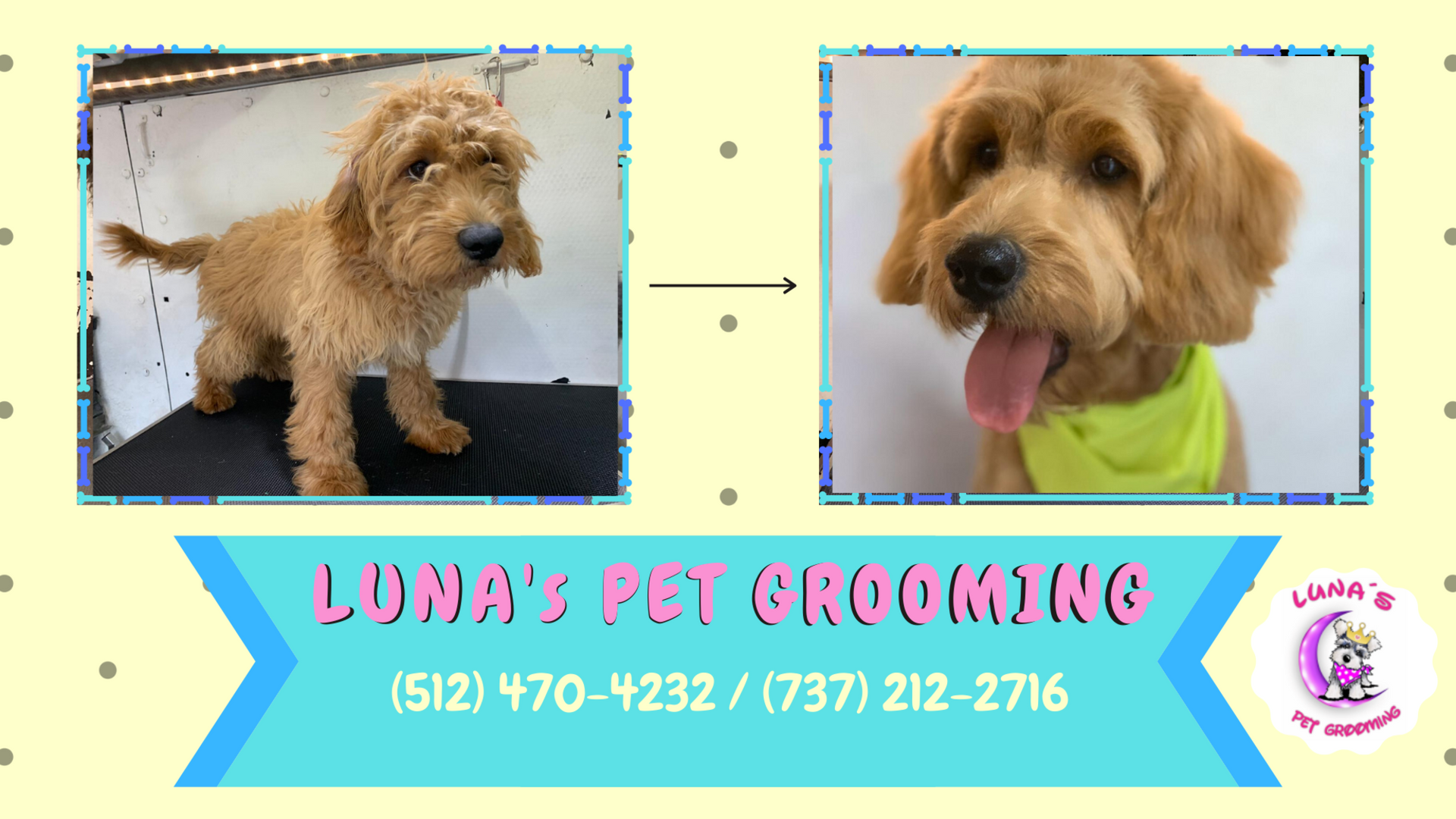 A poster for luna 's pet grooming shows a dog before and after being groomed