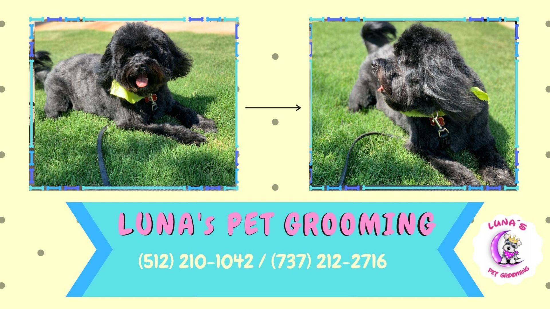 A sign for luna 's pet grooming shows two dogs