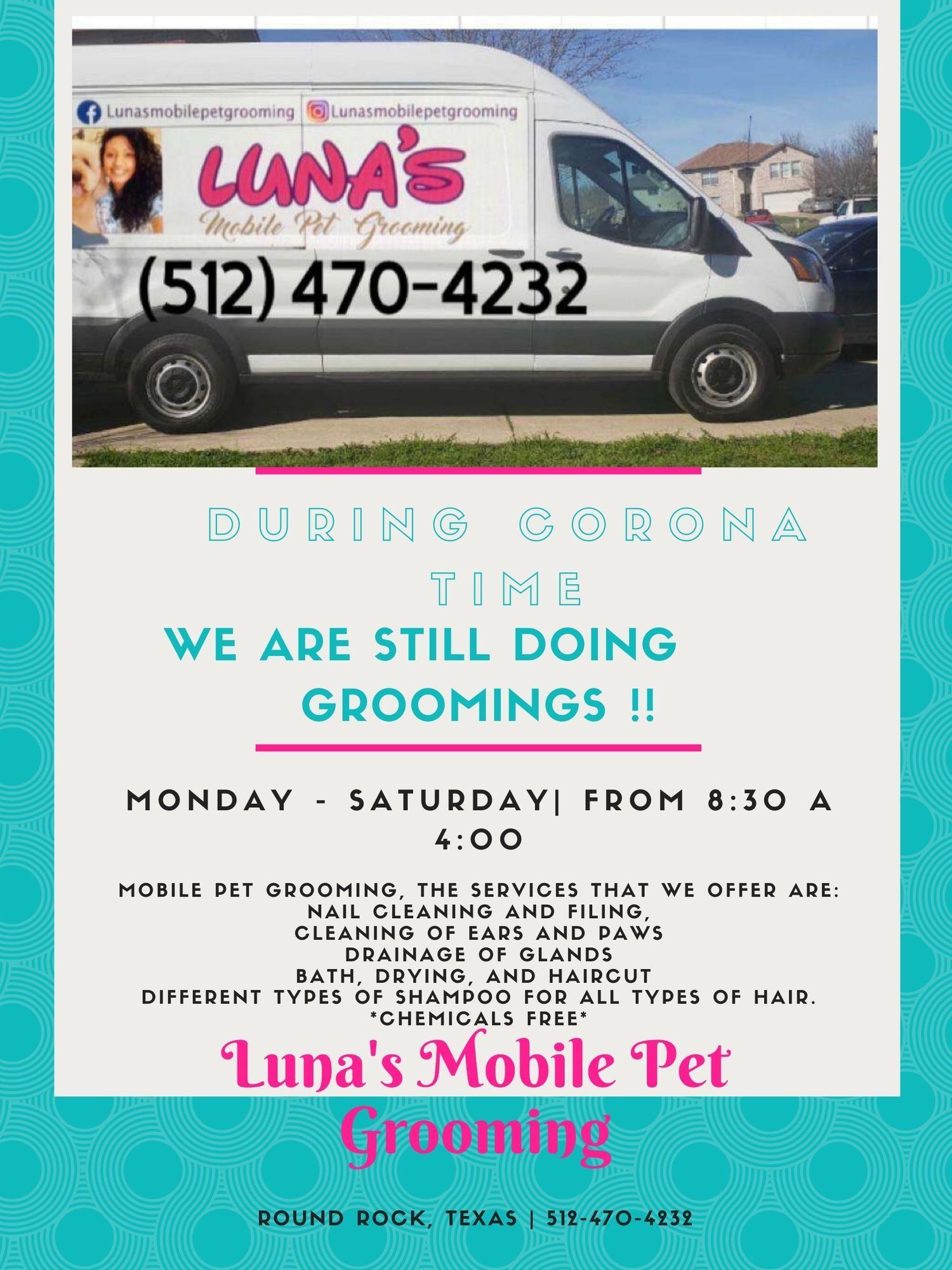 A flyer for luna 's mobile pet grooming