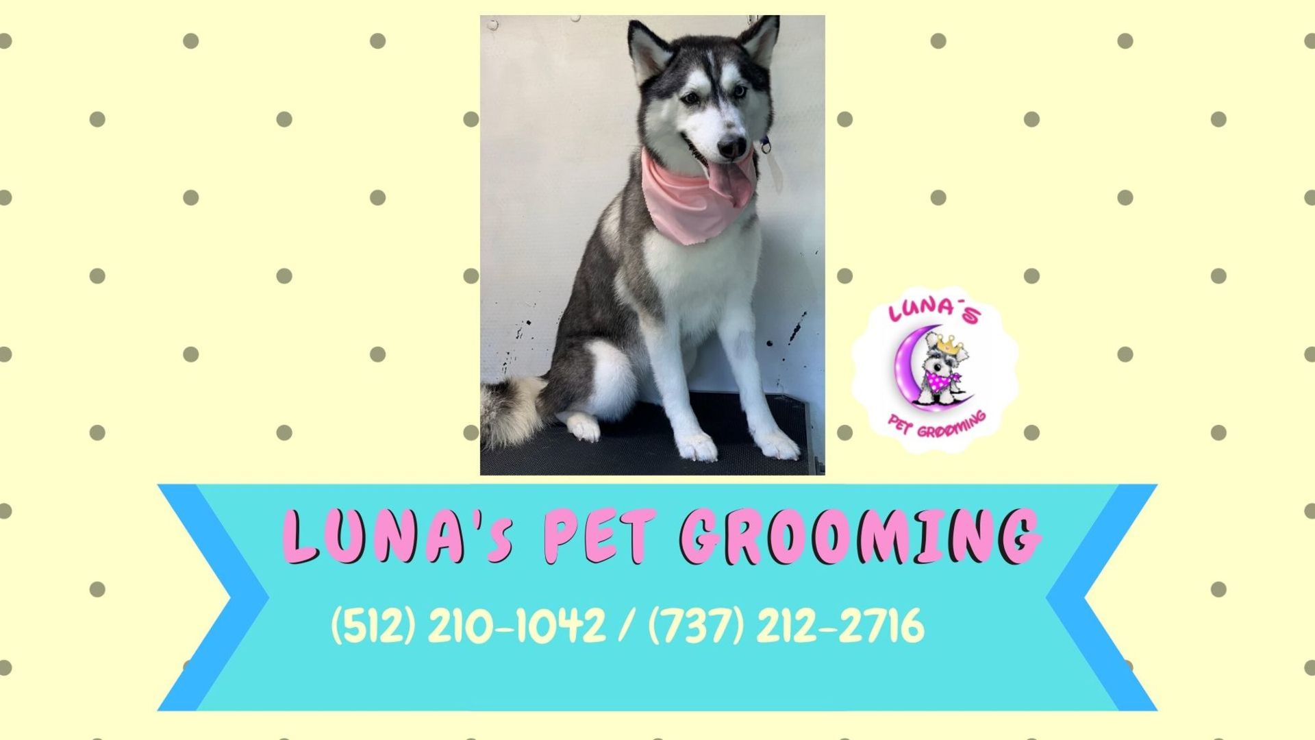 Luna 's pet grooming has a picture of a husky dog