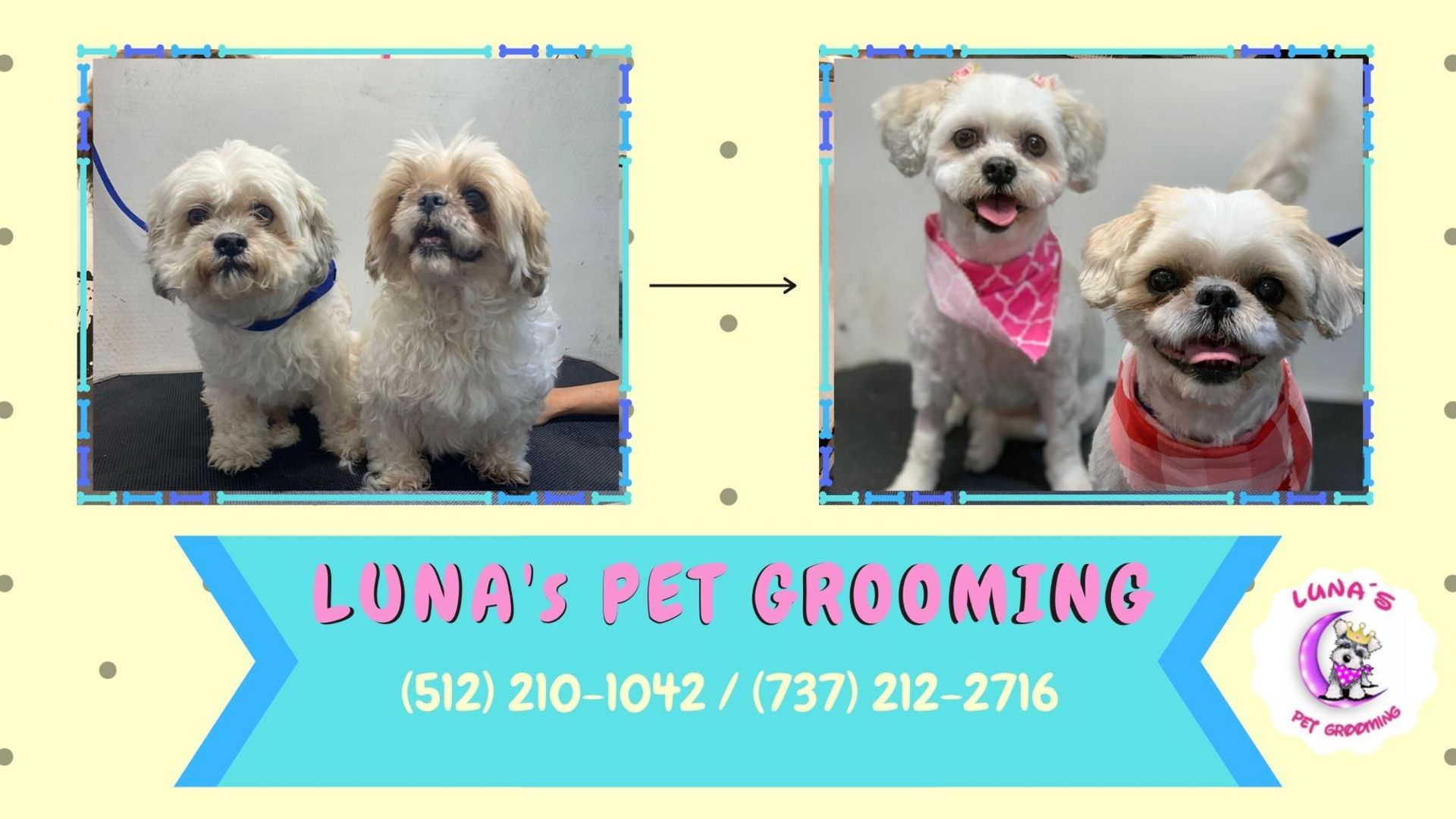 A poster for luna 's pet grooming shows two dogs before and after being groomed