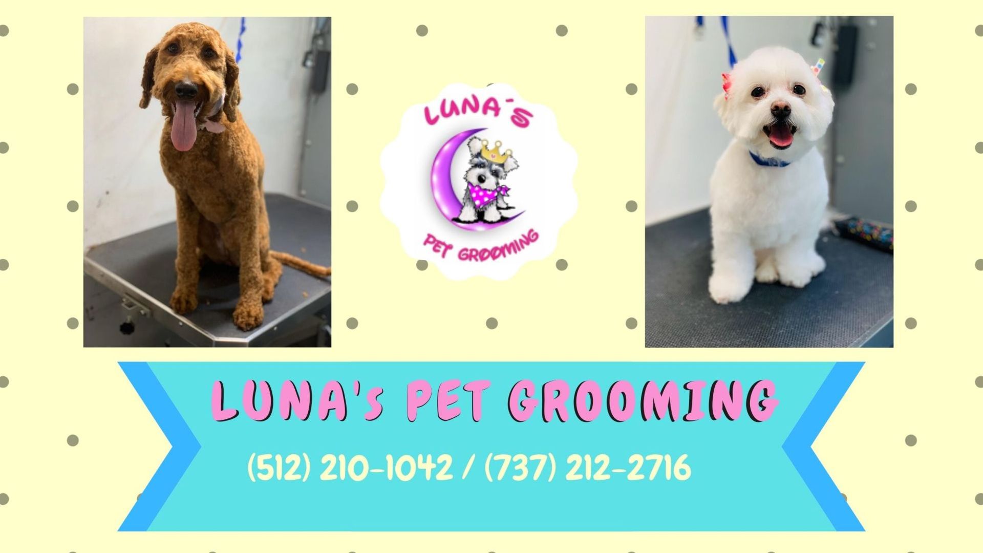 A poster for luna 's pet grooming shows two dogs