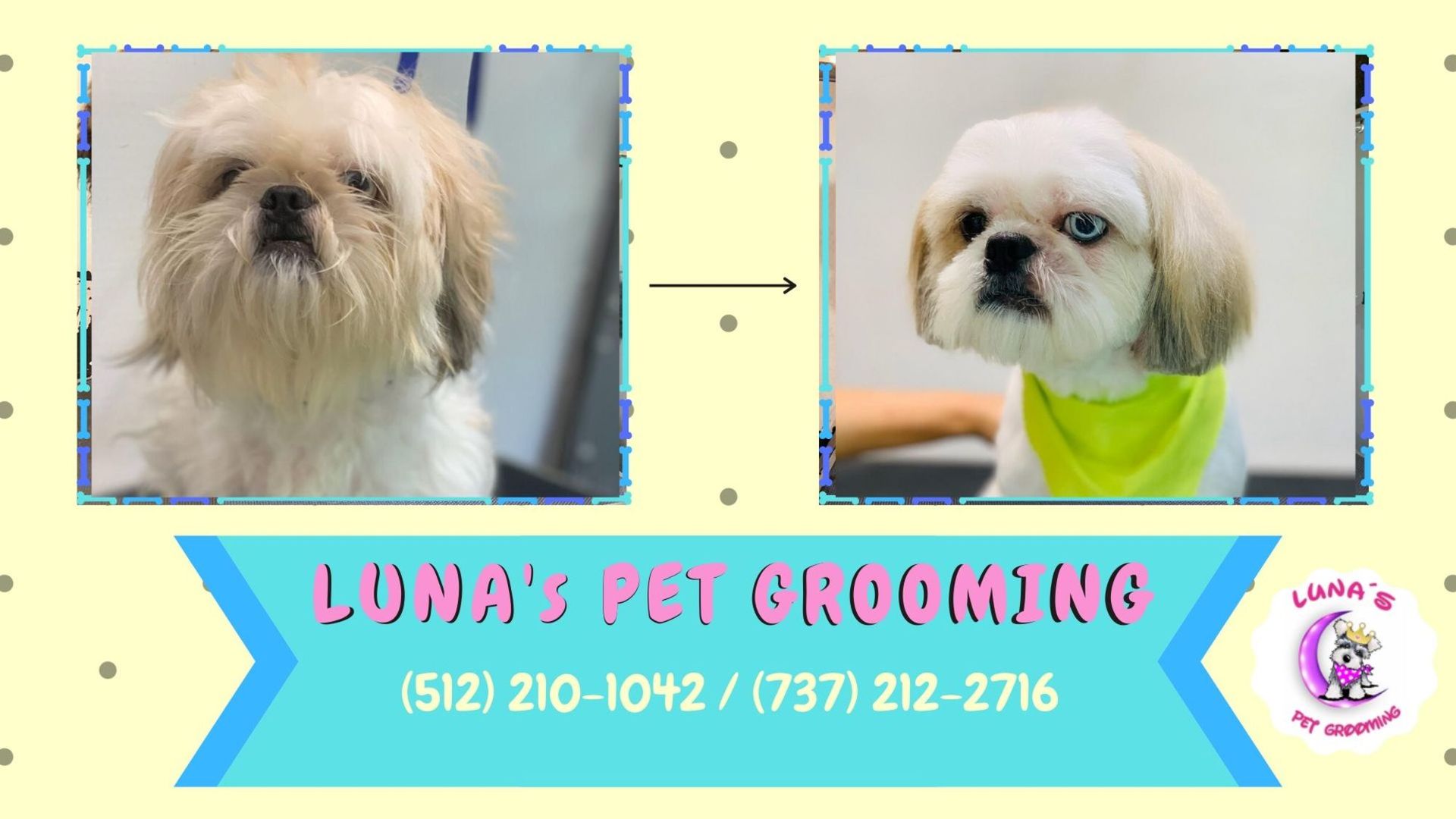 A poster for luna 's pet grooming shows two dogs