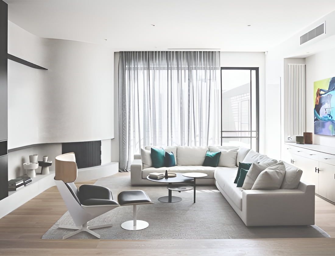 A Living Room With A Couch, Table And Fireplace — Caba's Drapery In Coffs Harbour, NSW