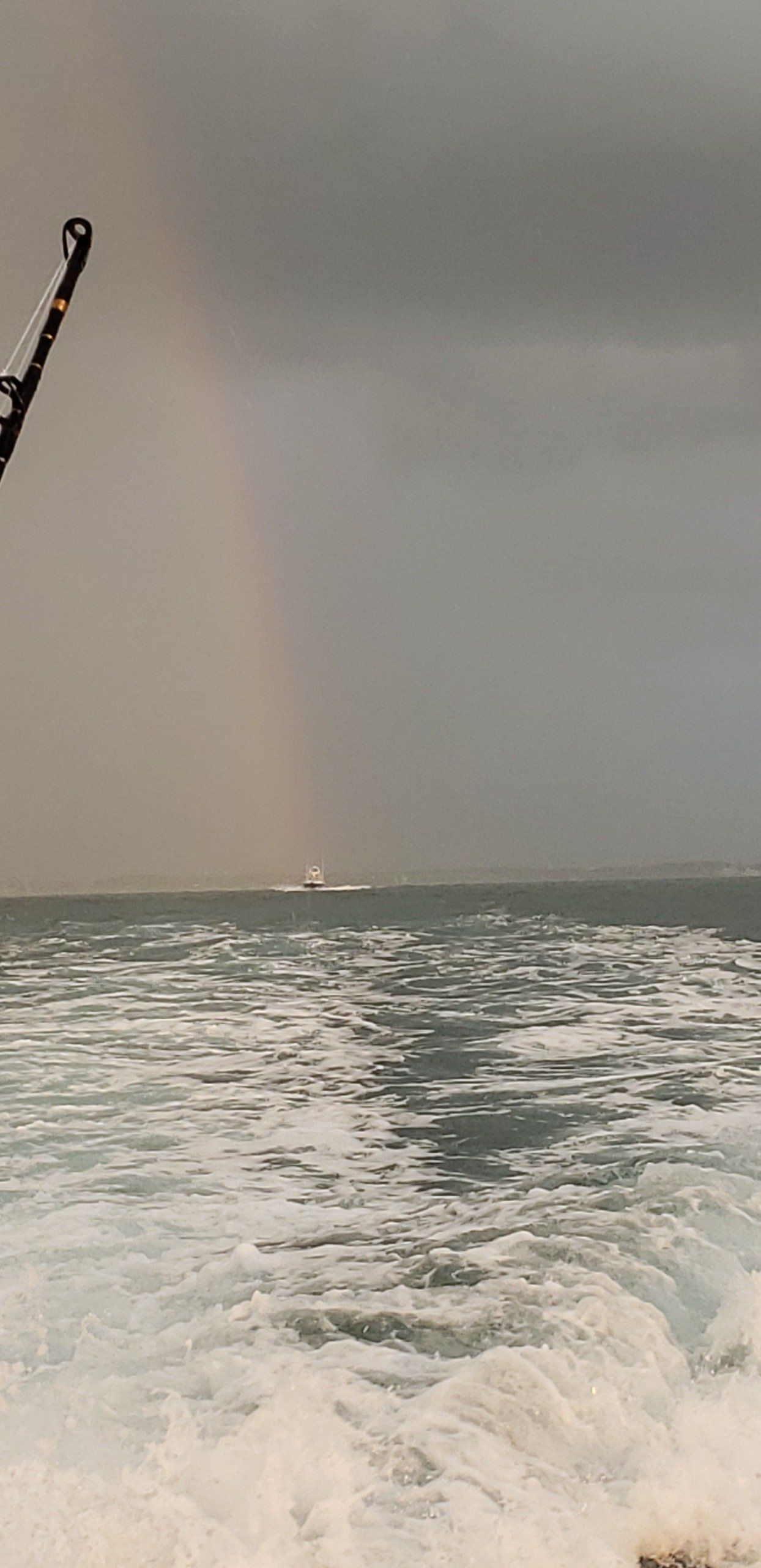 A person is jumping into the ocean with a rainbow in the background.