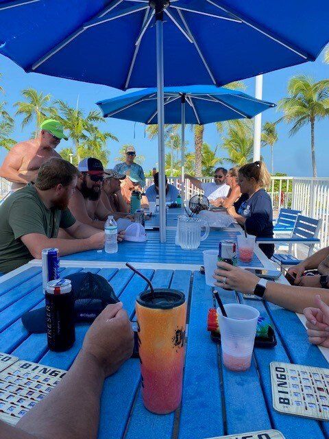 A group of people are sitting at a table playing bingo