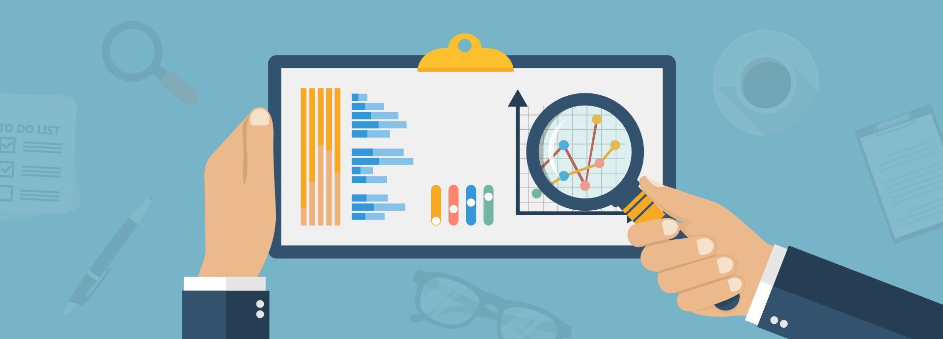 A person is holding a magnifying glass over a clipboard with a graph on it.