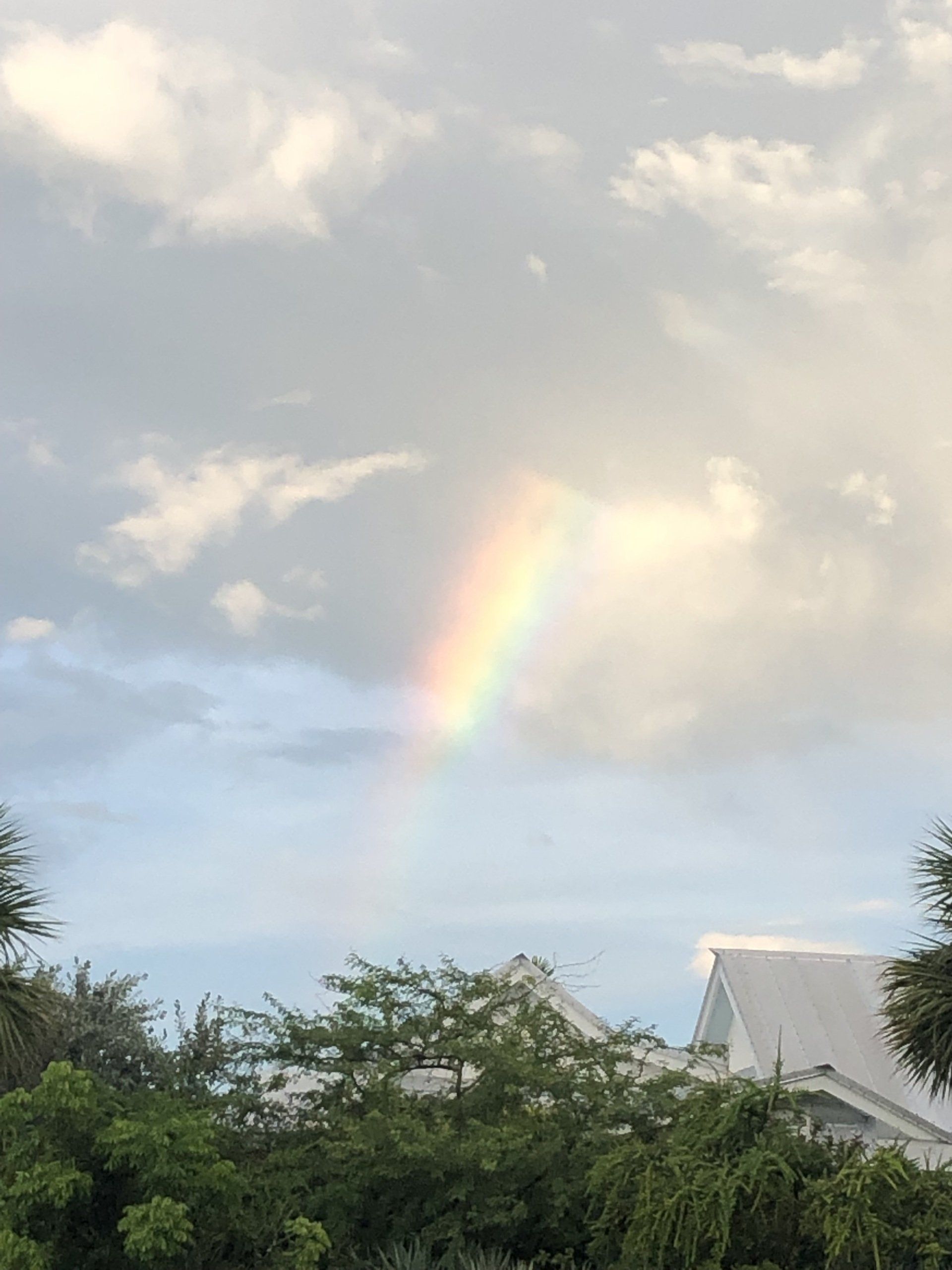 A rainbow is visible in the sky over a house and trees.