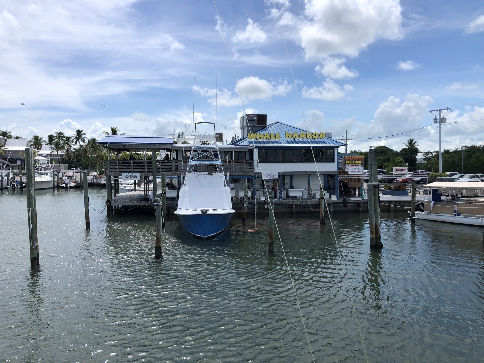 A boat is docked in a marina in front of a restaurant.