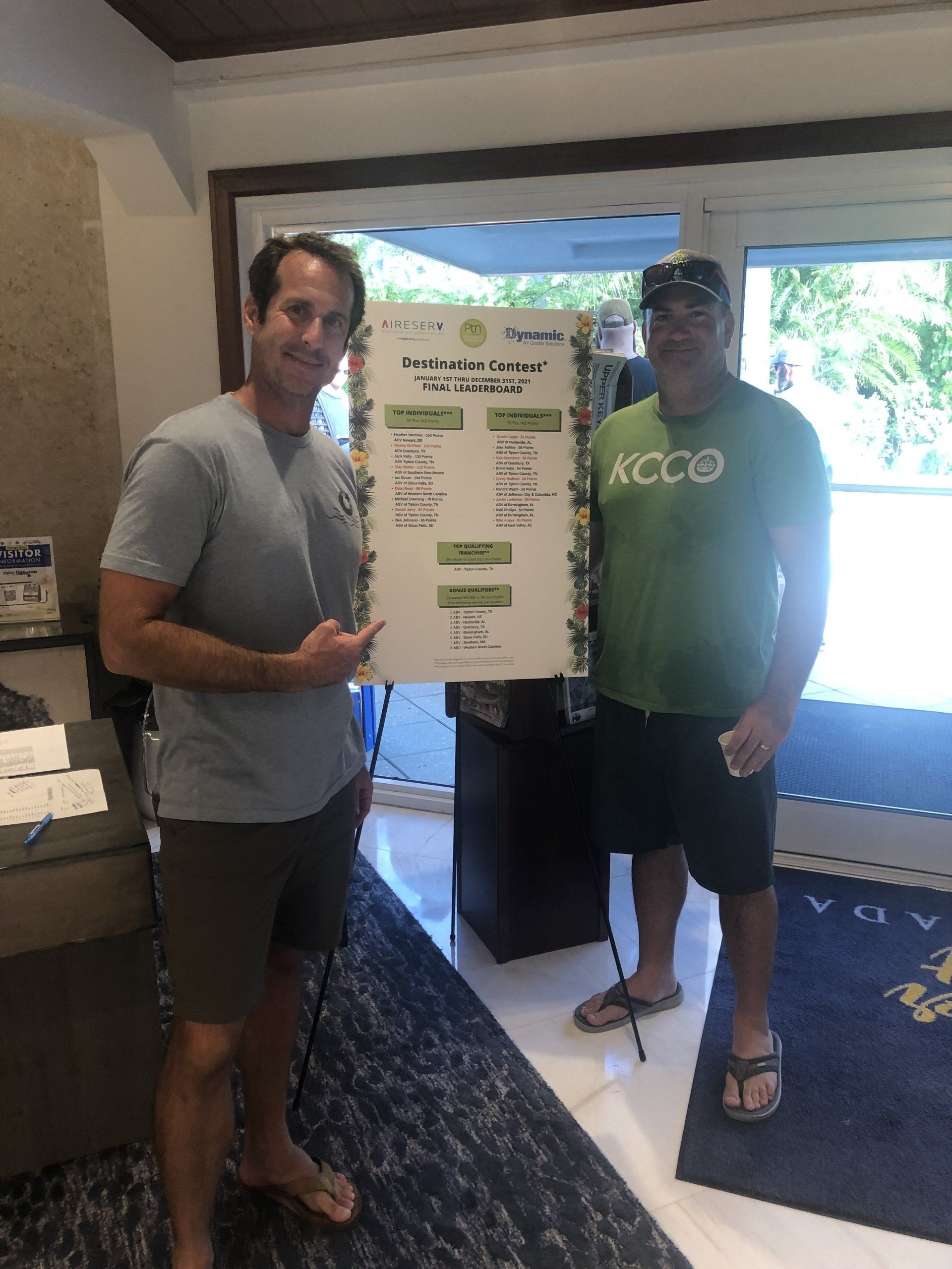 Two men are standing next to each other holding a sign that says kcco