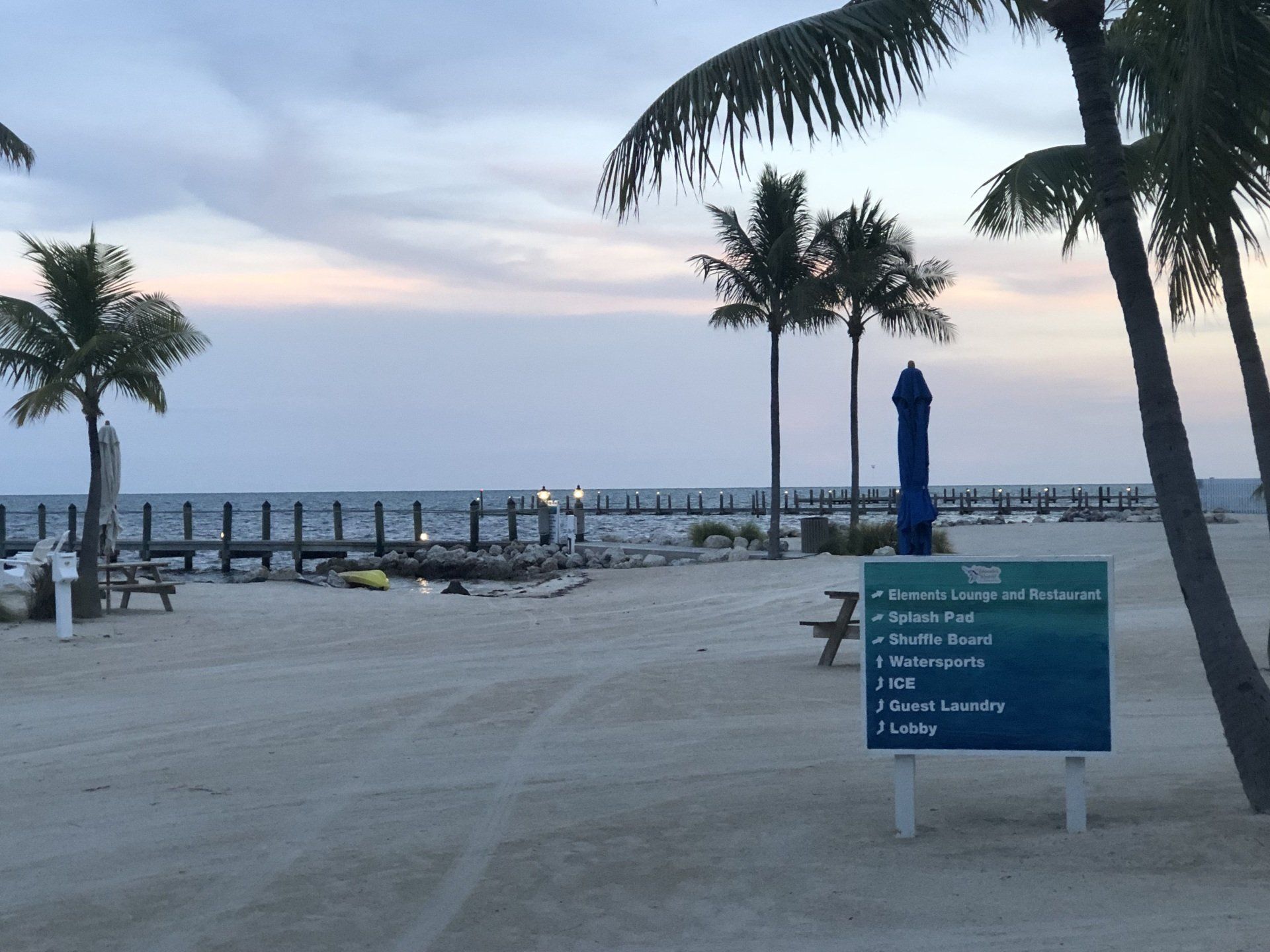 A beach with palm trees and a blue umbrella