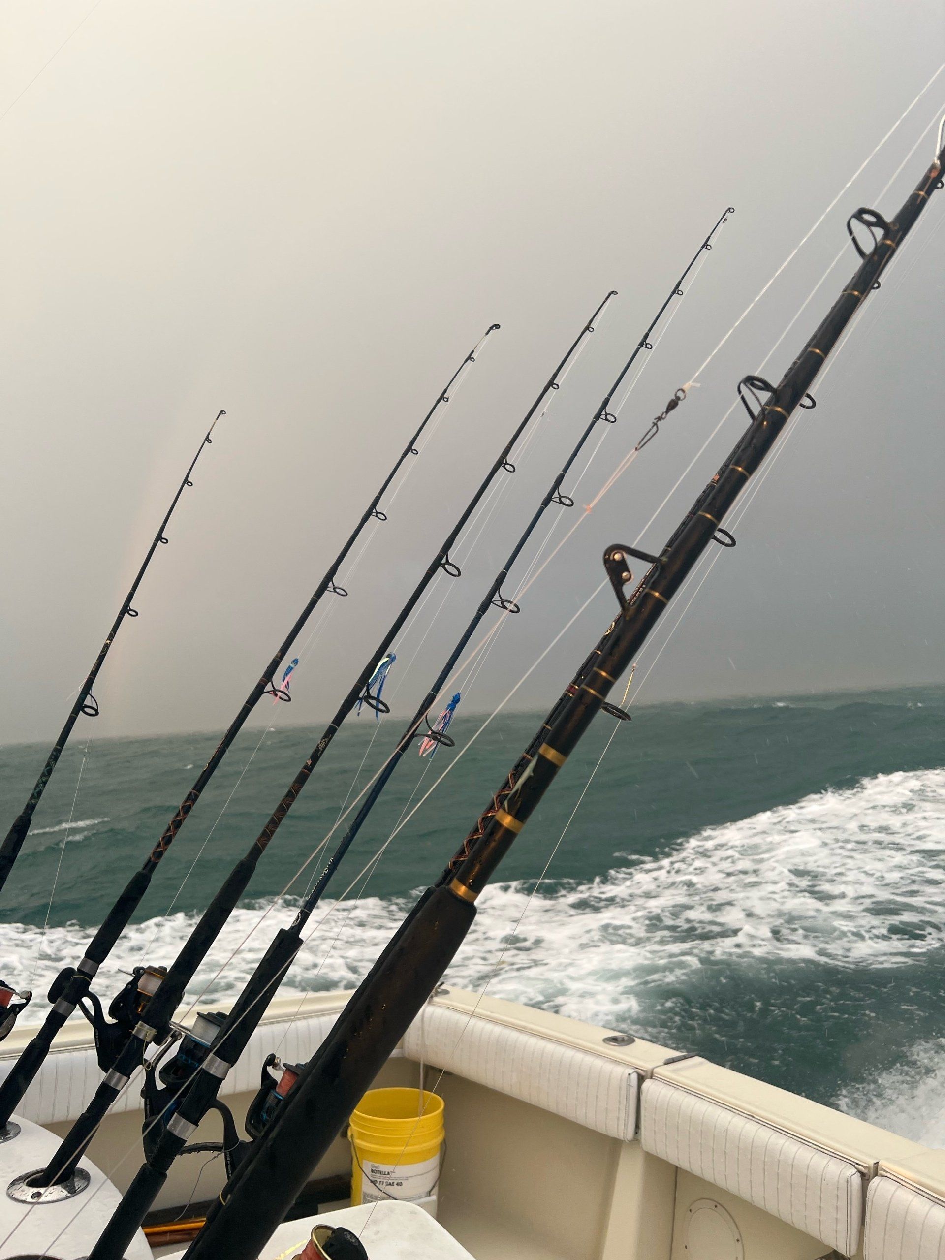 Several fishing rods are lined up on a boat in the ocean