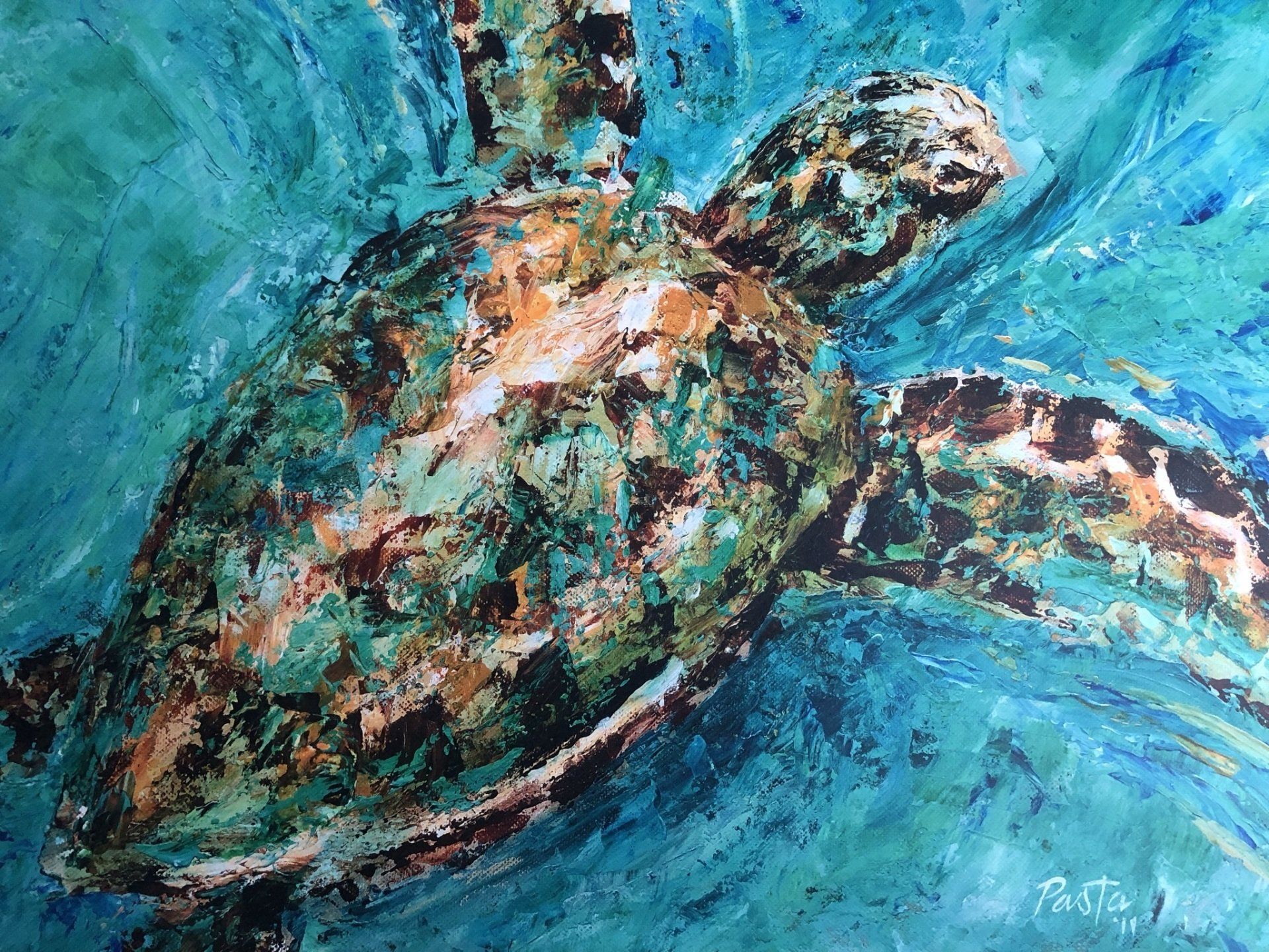 A painting of a sea turtle swimming in the ocean.