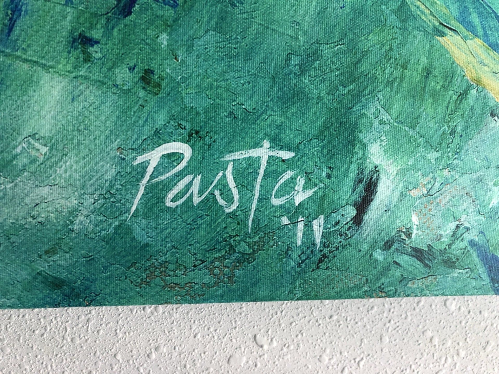 A close up of a painting with the name pasta written on it.