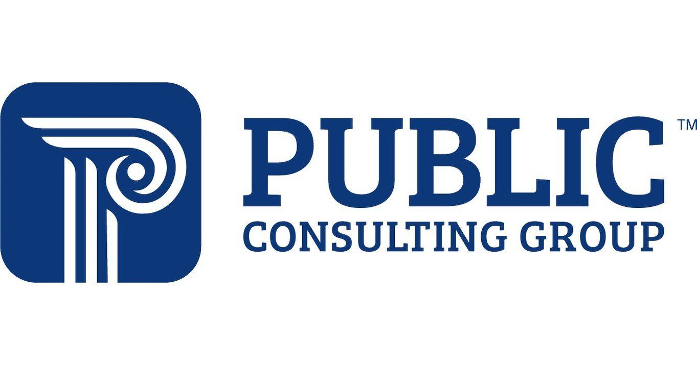 The logo for public consulting group is blue and white.