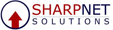 The logo for sharpnet solutions has a red arrow pointing up.