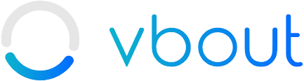 A blue and white logo for vbout on a white background.