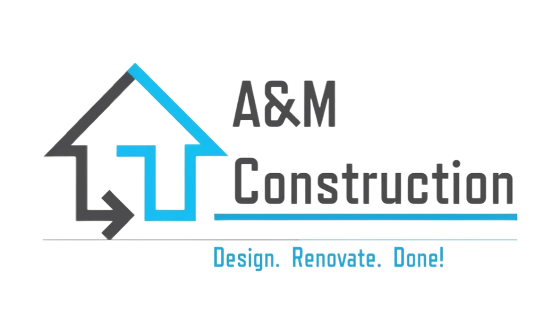 A&M Construction logo with gray, blue, and black house-roof icon and tagline &ldquo;Design. Renovate. Done!&rdquo;