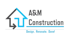 A&M Construction logo with gray, blue, and black house-roof icon and tagline &ldquo;Design. Renovate. Done!&rdquo;