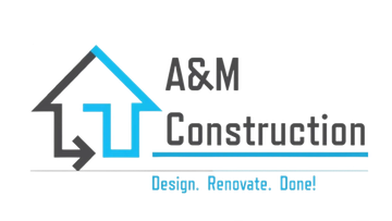 A&M Construction logo with gray, blue, and black house-roof icon and tagline &ldquo;Design. Renovate. Done!&rdquo;