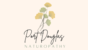 A logo for port douglas naturopathy with flowers and leaves