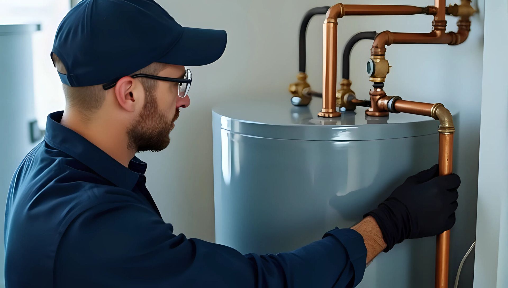 Plumber in navy uniform inspecting copper pipes on a water heater tank in a utility room