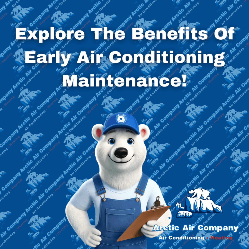 Blue ad with polar bear plumber mascot and text: “Explore the Benefits of Early Air Conditioning Maintenance!”