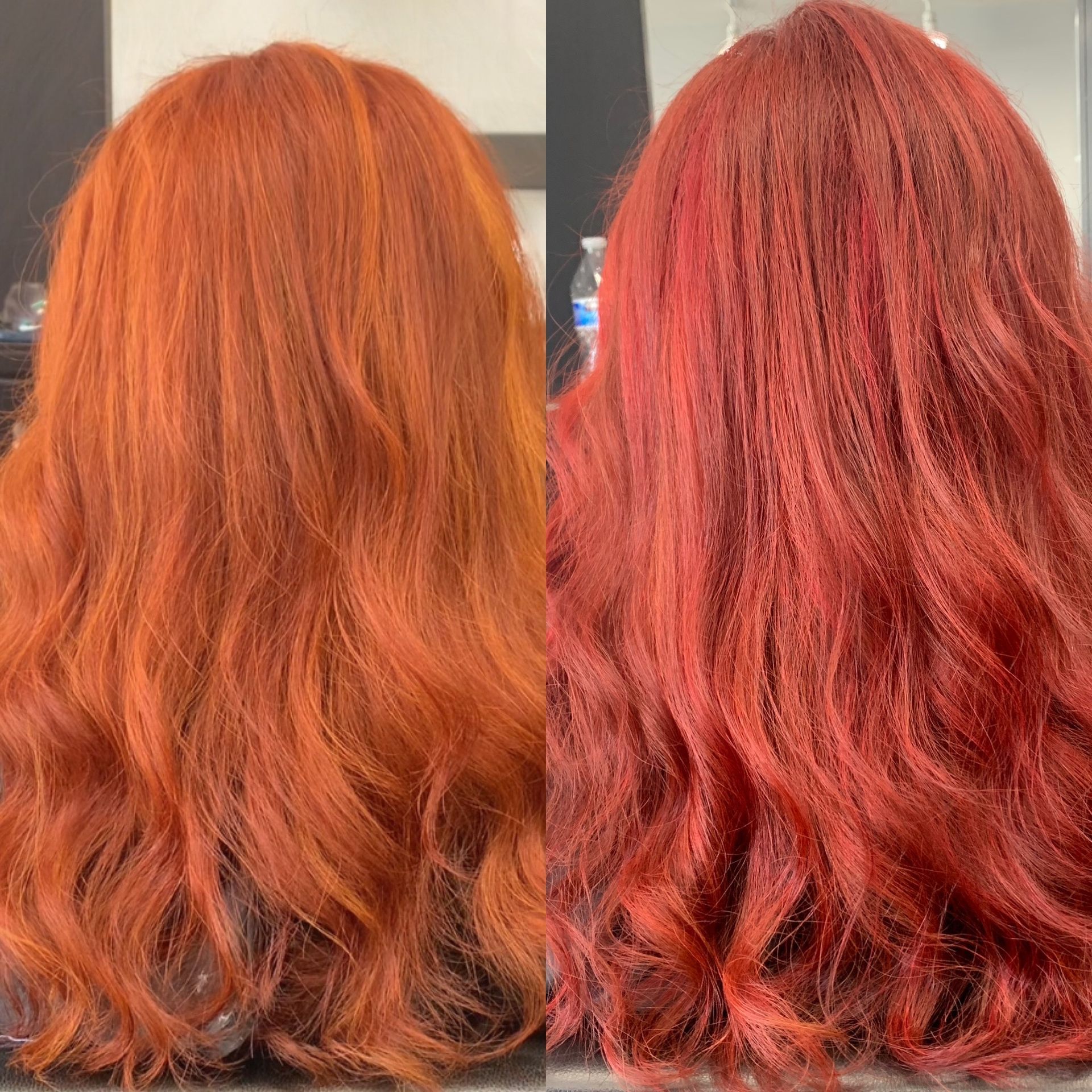 Before-and-after photos of hair colored from a light orange-ginger to a vibrant, deep red.