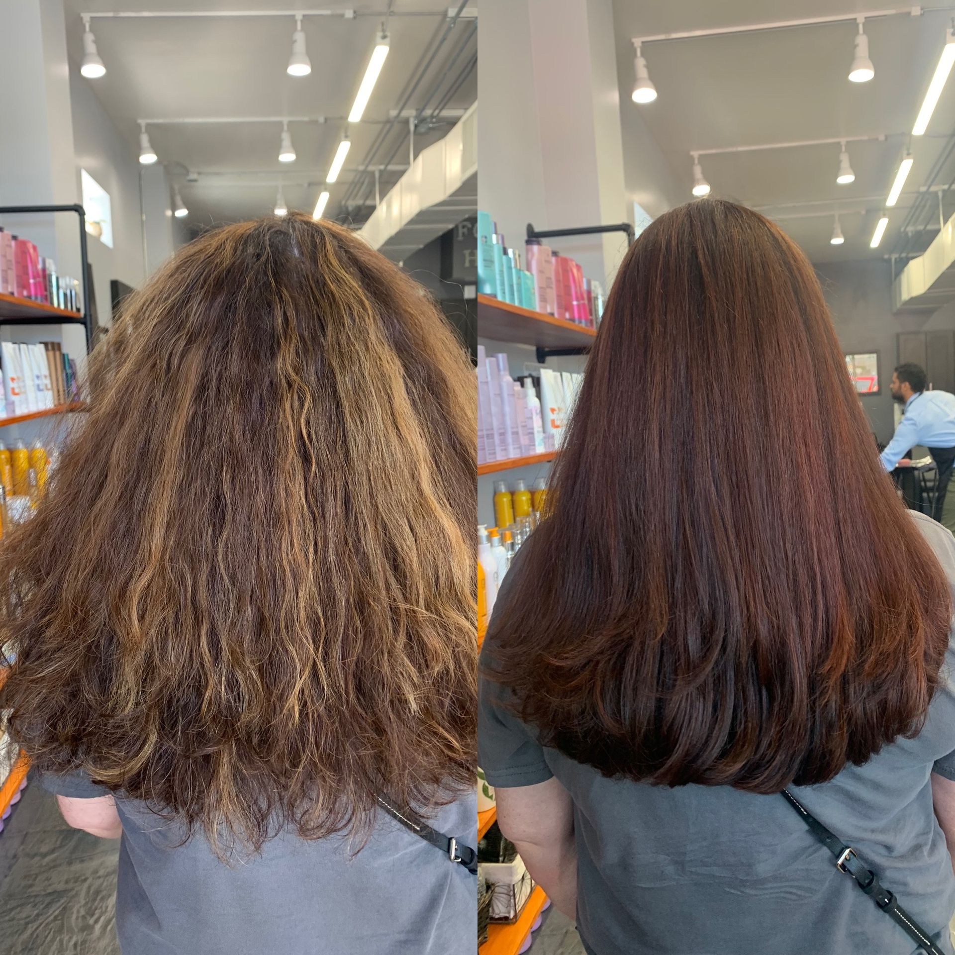 Before-and-after photos of a hair treatment showing a transition from frizzy, textured hair to smooth, sleek brown hair.