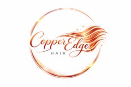 A circular logo featuring metallic copper hair waves, with the text 