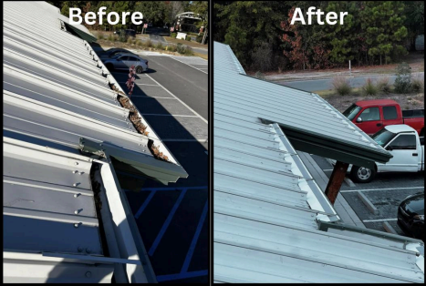 A before and after photo of a metal roof