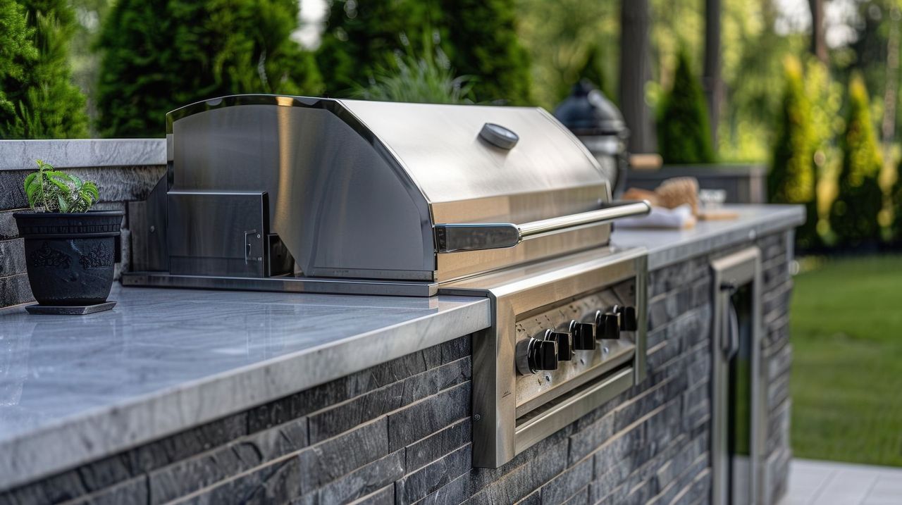 Stainless steel outdoor grill built into a dark gray stone countertop in a lush backyard garden setting.
