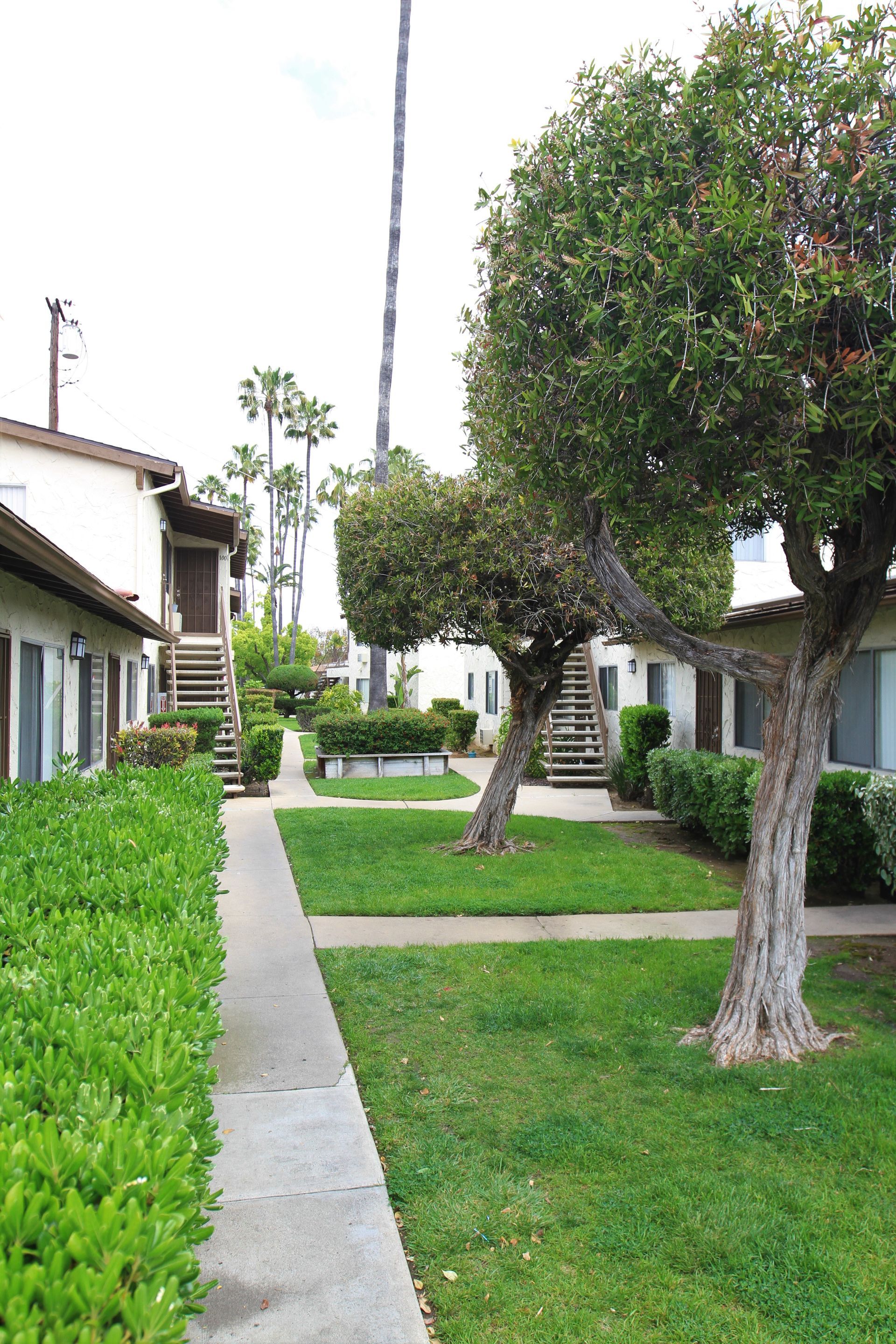 A walkway leading to a building with trees and bushes