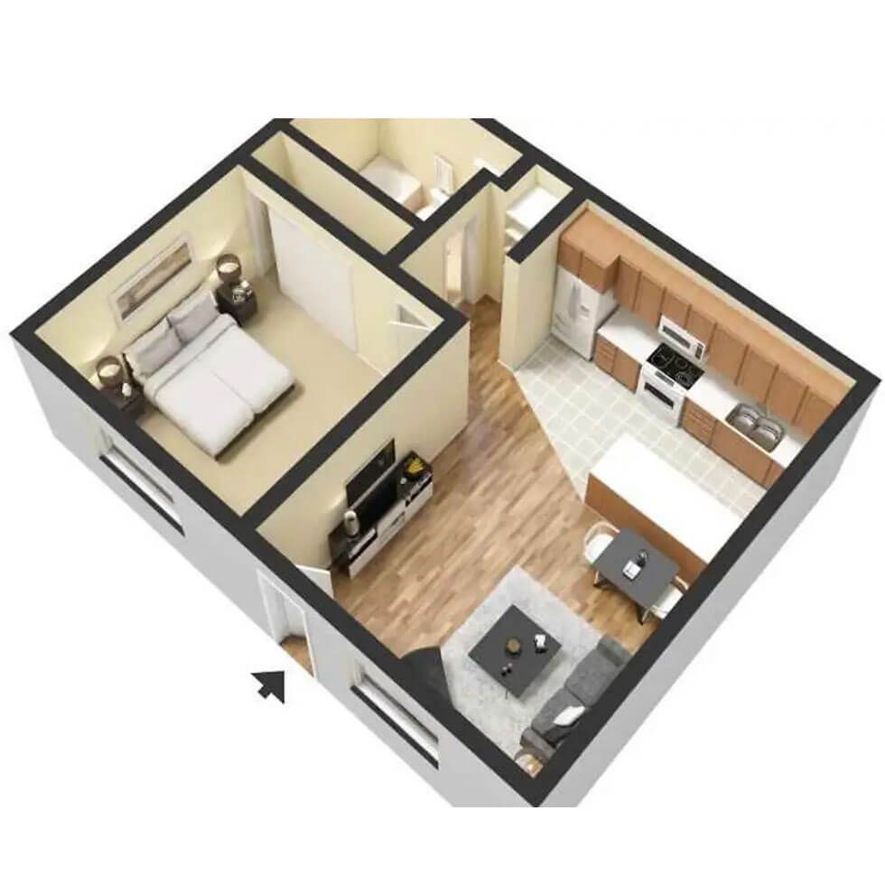 A 3d floor plan of a small apartment