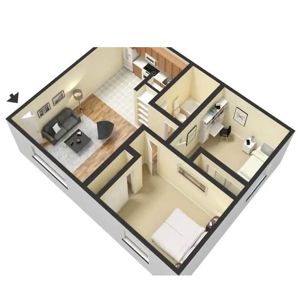 A 3d floor plan of a house with a couch in the living room