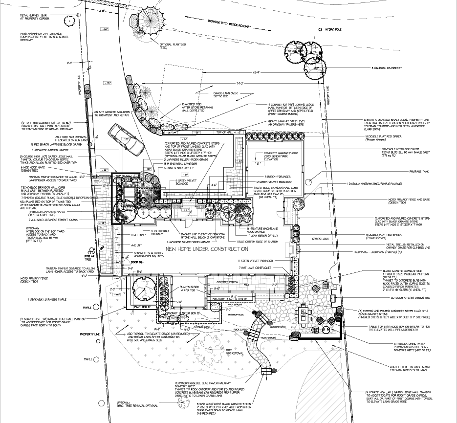 Architectural site plan with building layout, landscaping, and notations.
