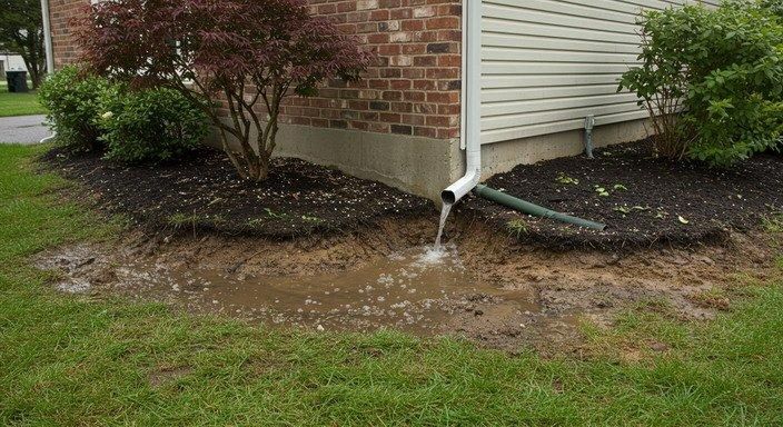 Backyard lawn and patio with visible water pooling after rain, showing drainage and grading issues.