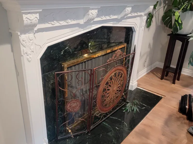 A fireplace with a screen on it in a living room.