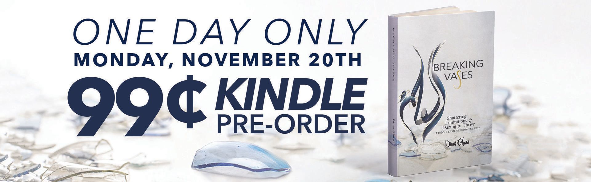Breaking Vases Kindle pre-order banner with book cover and shards imagery.