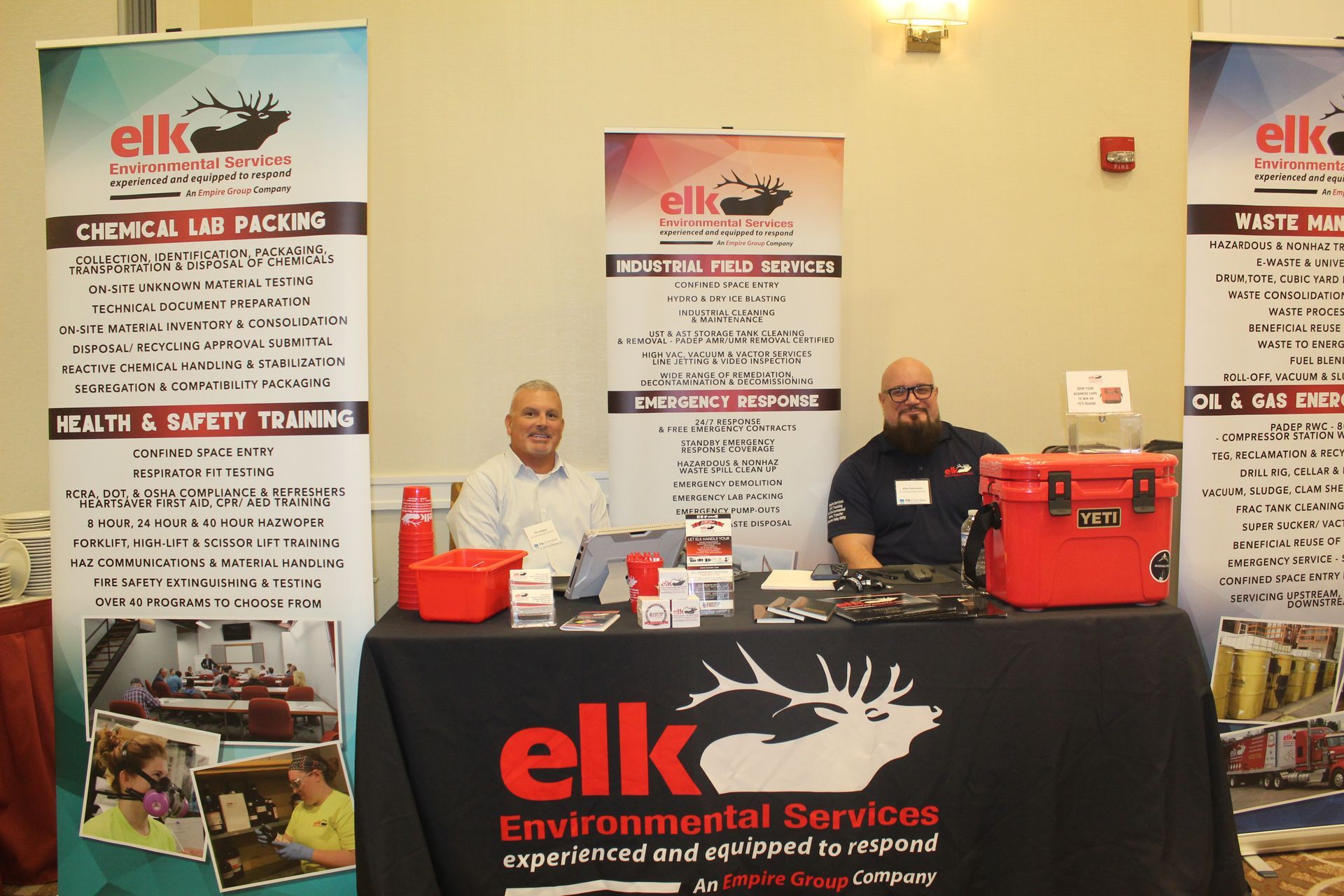 Elk salesmen Phil Wagner and Mike Hatzivasilis have the exhibit table set up and are ready to network! 