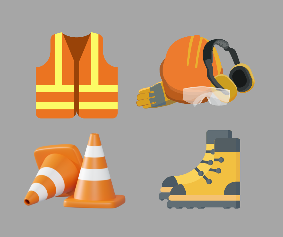 safety gear shown with a safety vest, safety gear, safety cones and work boots.