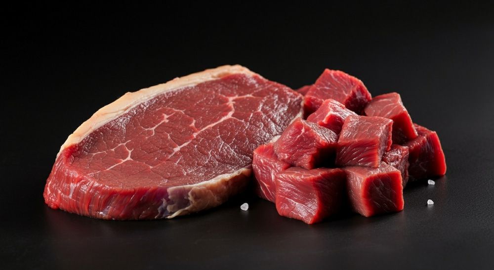 A Piece Of Raw Beef Next To A Pile Of Diced Beef — Wattle Butchery In Cootamundra, NSW