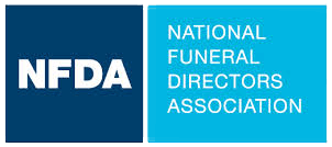 the logo for the national funeral directors association is blue and white .