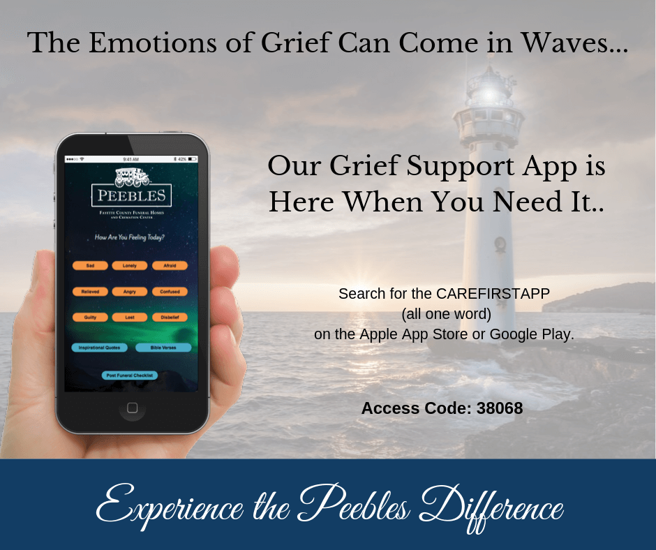 an advertisement for a grief support app for Peebles Fayette County Funeral Homes and Cremation Center
