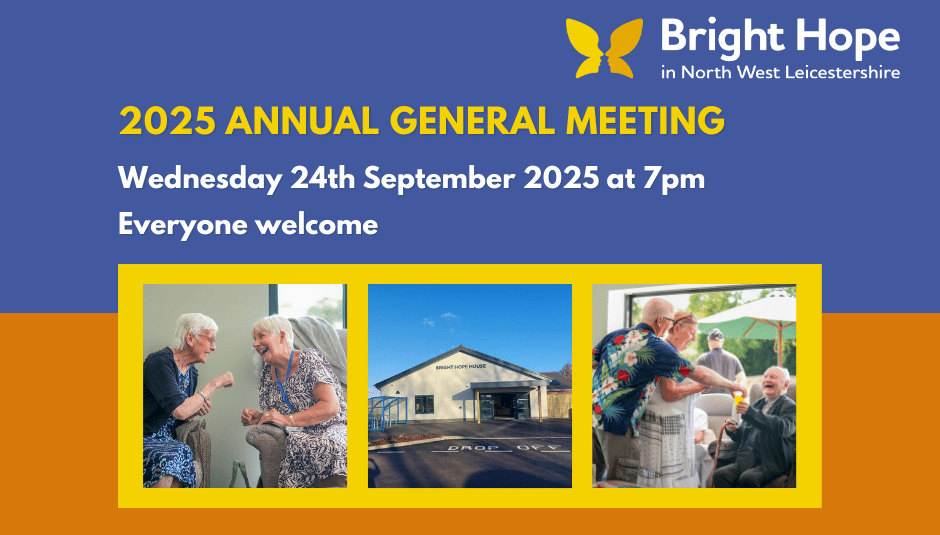 Poster for Bright Hope's 2025 AGM, September 24th at 7pm, everyone welcome. Includes photos of people and a building.